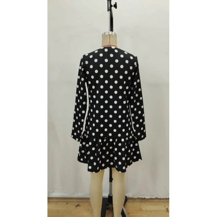 Kadın Uzun Kollu Bisiklet Yaka Fırfırlı Puantiyeli Kısa Modal Elbise