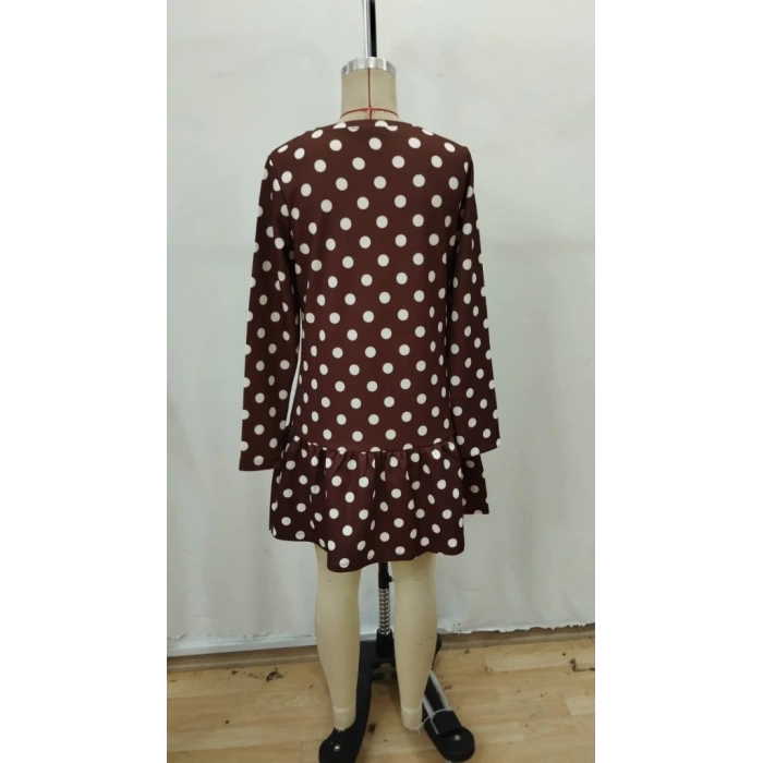 Kadın Uzun Kollu Bisiklet Yaka Fırfırlı Puantiyeli Kısa Modal Elbise