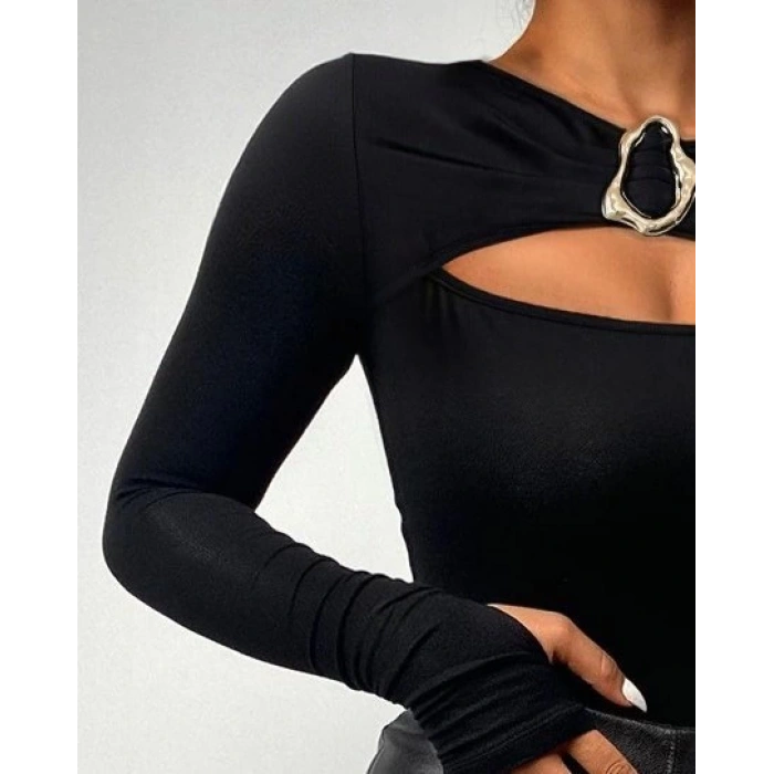 Kadın Uzun Kollu Bisiklet Yaka Göğüs Dekolteli Viskon Bluz