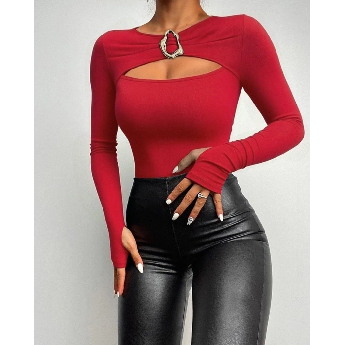 Kadın Uzun Kollu Bisiklet Yaka Göğüs Dekolteli Viskon Bluz