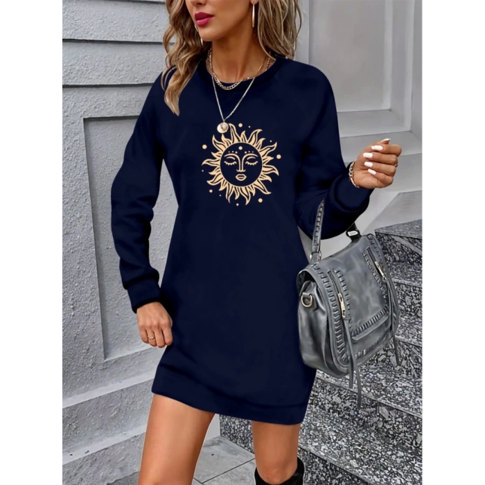 Kadın Uzun Kollu Bisiklet Yaka Güneş Desenli Viskon Iki Iplik Elbise