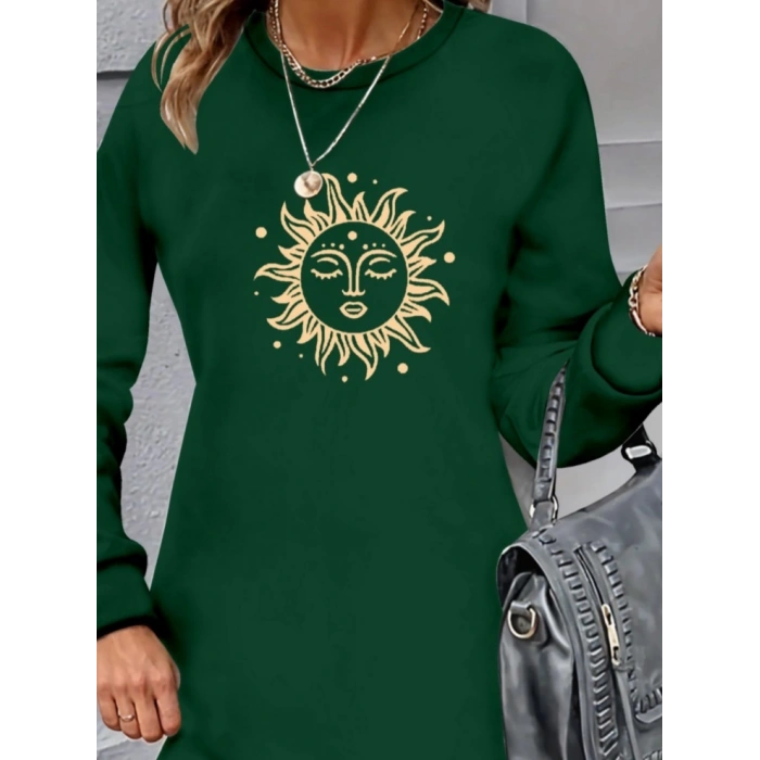 Kadın Uzun Kollu Bisiklet Yaka Güneş Desenli Viskon Iki Iplik Elbise