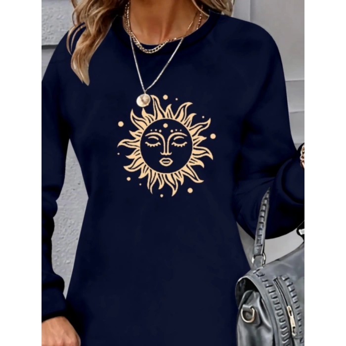 Kadın Uzun Kollu Bisiklet Yaka Güneş Desenli Viskon Iki Iplik Elbise