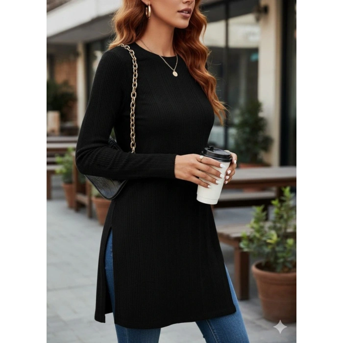 Kadın Uzun Kollu Bisiklet Yaka Iki Yandan Yırtmaç Detay Triko Bluz