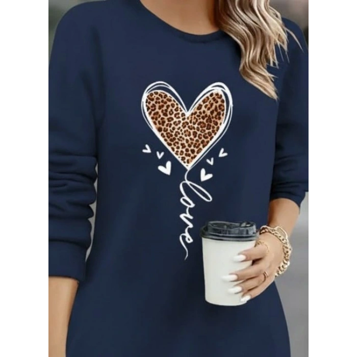 Kadın Uzun Kollu Bisiklet Yaka Kalp Desenli Kısa Viskon Elbise