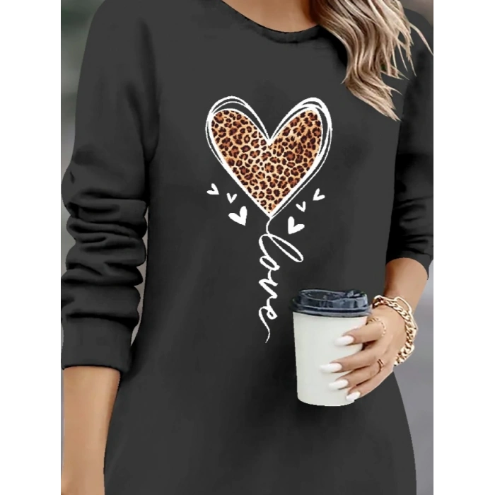 Kadın Uzun Kollu Bisiklet Yaka Kalp Desenli Kısa Viskon Elbise