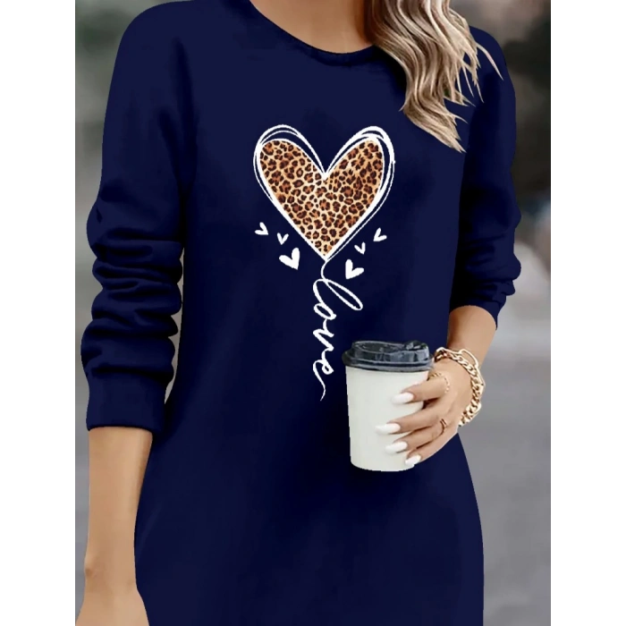 Kadın Uzun Kollu Bisiklet Yaka Kalp Desenli Kısa Viskon Elbise