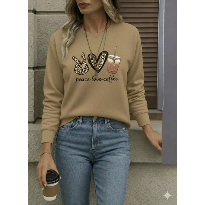 Kadın Uzun Kollu Bisiklet Yaka Kalp Desenli Viskon Iki Iplik Bluz