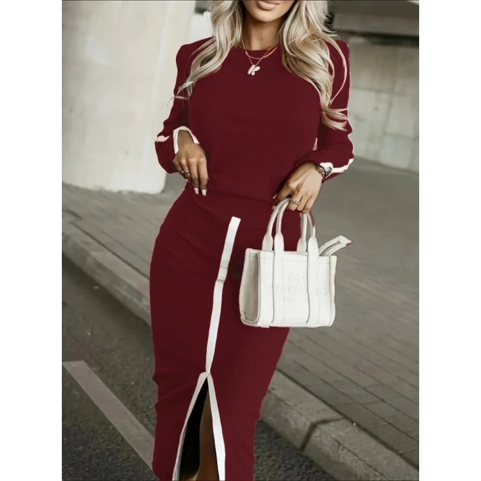 Kadın Uzun Kollu Bisiklet Yaka Kaşkorse Bluz Ve Yırtmaçlı Etek Ikili Takım