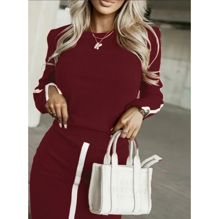 Kadın Uzun Kollu Bisiklet Yaka Kaşkorse Bluz Ve Yırtmaçlı Etek Ikili Takım