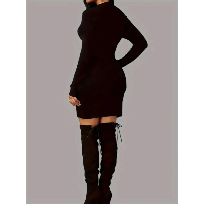 Kadın Uzun Kollu Bisiklet Yaka Kelebek Desenli Kısa Viskon Iki Iplik Elbise