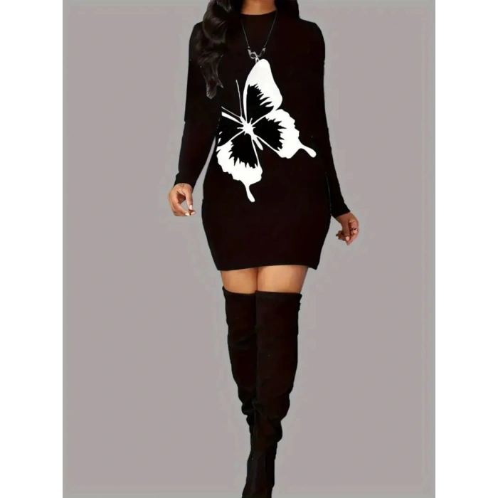 Kadın Uzun Kollu Bisiklet Yaka Kelebek Desenli Kısa Viskon Iki Iplik Elbise