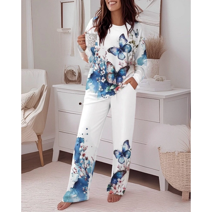 Kadın Uzun Kollu Bisiklet Yaka Kelebek Desenli Iki Iplik Alt üst Takım