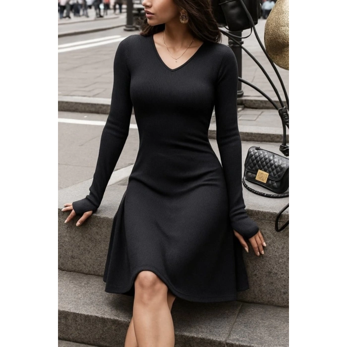 Kadın Uzun Kollu Bisiklet Yaka Kısa Kaşkorse Elbise