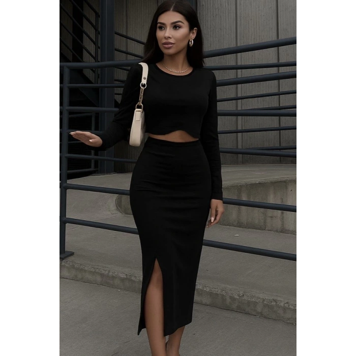 Kadın Uzun Kollu Bisiklet Yaka Kısa Krop Dalgıç Bluz Ile önden Yırtmaçlı Uzun Etek Ikili Takım