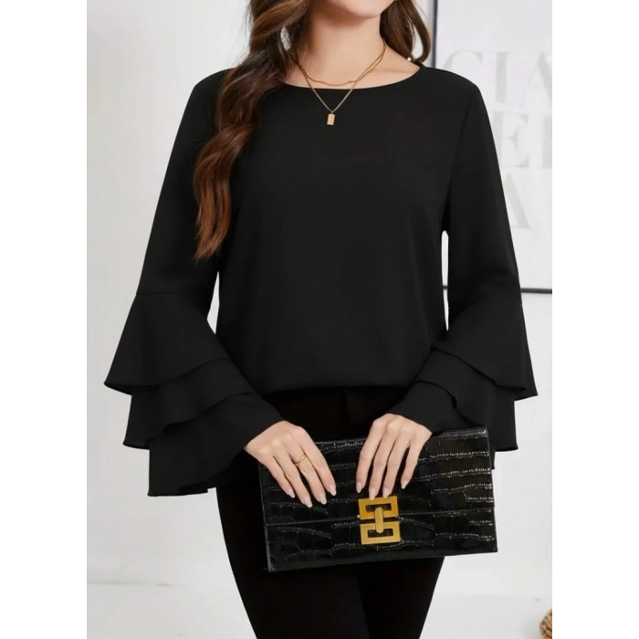 Kadın Uzun Kollu Bisiklet Yaka Kollar İspanyol Volanlı Sandy Bluz