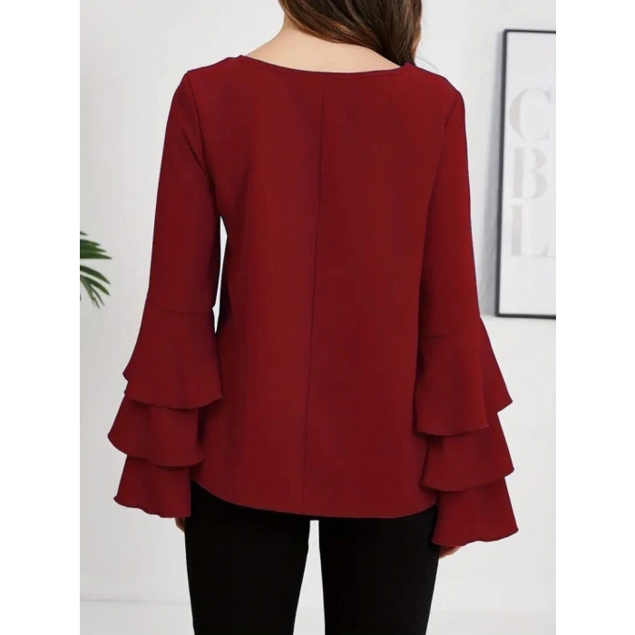 Kadın Uzun Kollu Bisiklet Yaka Kollar İspanyol Volanlı Sandy Bluz