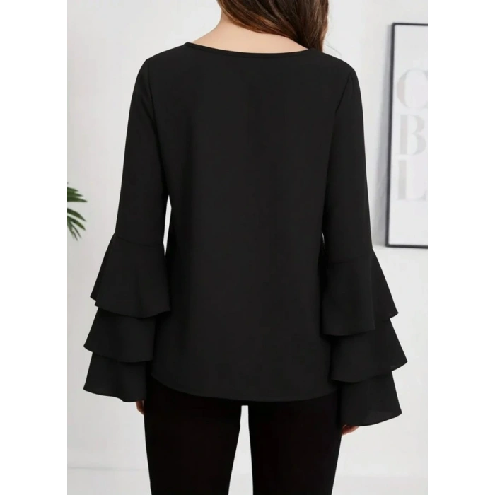 Kadın Uzun Kollu Bisiklet Yaka Kollar İspanyol Volanlı Sandy Bluz