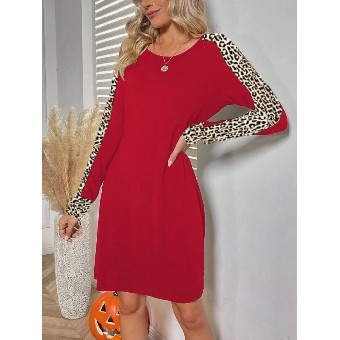 Kadın Uzun Kollu Bisiklet Yaka Kollar Leopar Detay Iki Iplik Mini Boy Elbise