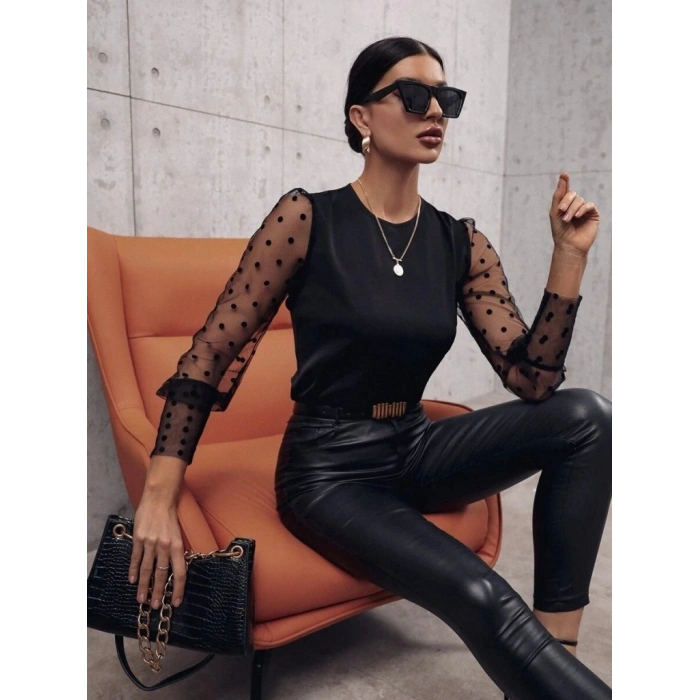 Kadın Uzun Kollu Bisiklet Yaka Kollar Puantiyeli Tül Detaylı Sandy Bluz