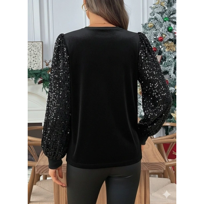 Kadın Uzun Kollu Bisiklet Yaka Kollar Pulpayet Kadife Bluz