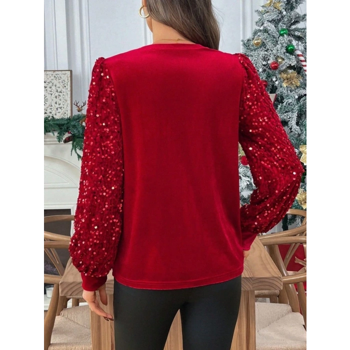 Kadın Uzun Kollu Bisiklet Yaka Kollar Pulpayet Kadife Bluz