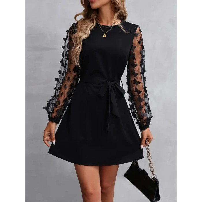 Kadın Uzun Kollu Bisiklet Yaka Kollar Tül Kelebek Detaylı Ithal Krep Elbise