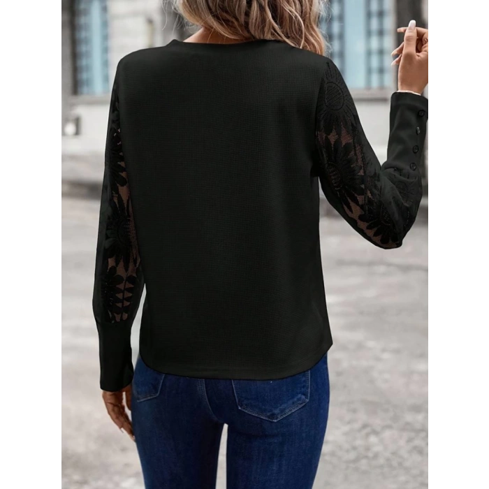 Kadın Uzun Kollu Bisiklet Yaka Kolları çiçekli Waffle Bluz