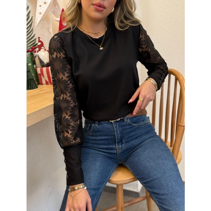 Kadın Uzun Kollu Bisiklet Yaka Kolları çiçekli Waffle Bluz