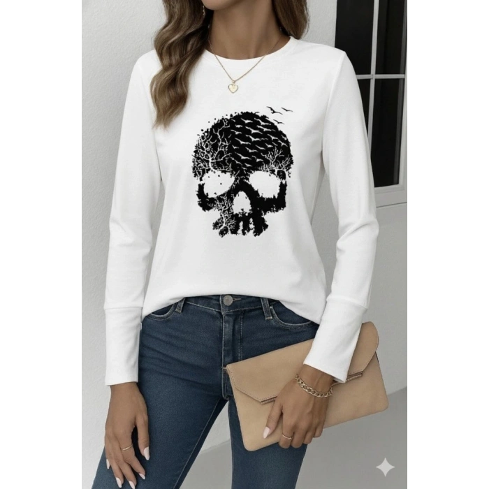 Kadın Uzun Kollu Bisiklet Yaka Kurukafa Desenli Viskon Bluz