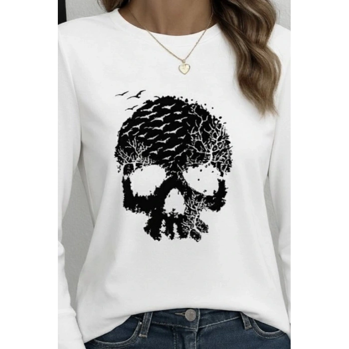 Kadın Uzun Kollu Bisiklet Yaka Kurukafa Desenli Viskon Bluz