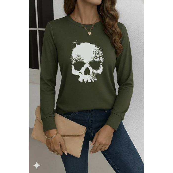 Kadın Uzun Kollu Bisiklet Yaka Kurukafa Desenli Viskon Bluz