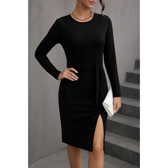 Kadın Uzun Kollu Bisiklet Yaka Kuşaklı Kruvaze Yırtmaç Detay Viskon Elbise