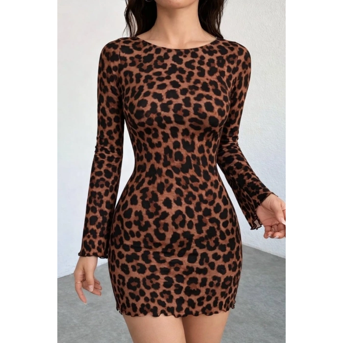Kadın Uzun Kollu Bisiklet Yaka Leopar Desenli Dalgıç Mini Elbise
