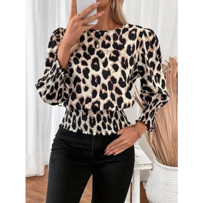 Kadın Uzun Kollu Bisiklet Yaka Leopar Desenli Modal Bluz