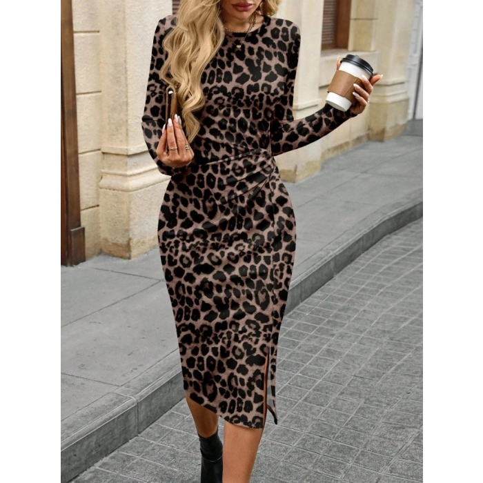 Kadın Uzun Kollu Bisiklet Yaka Leopar Desenli Modal Midi Elbise