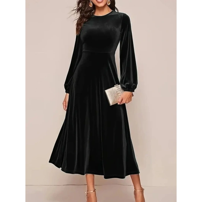 Kadın Uzun Kollu Bisiklet Yaka Midi Kadife Elbise