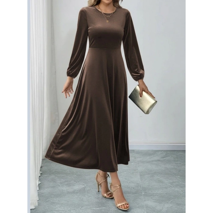 Kadın Uzun Kollu Bisiklet Yaka Midi Kadife Elbise