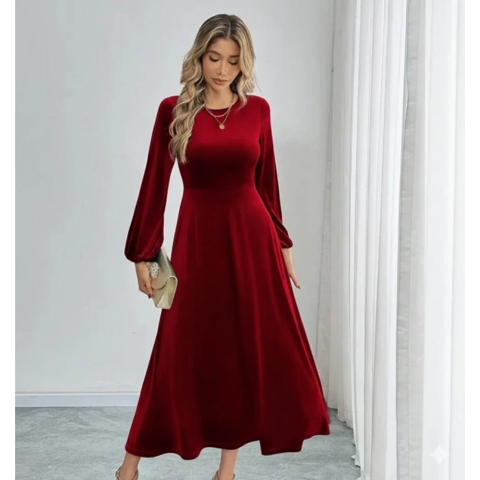 Kadın Uzun Kollu Bisiklet Yaka Midi Kadife Elbise