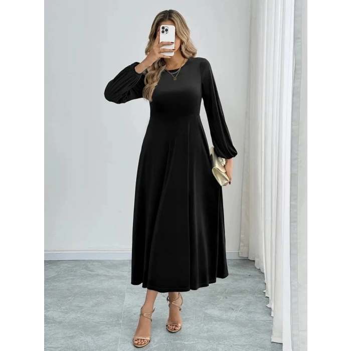 Kadın Uzun Kollu Bisiklet Yaka Midi Kadife Elbise
