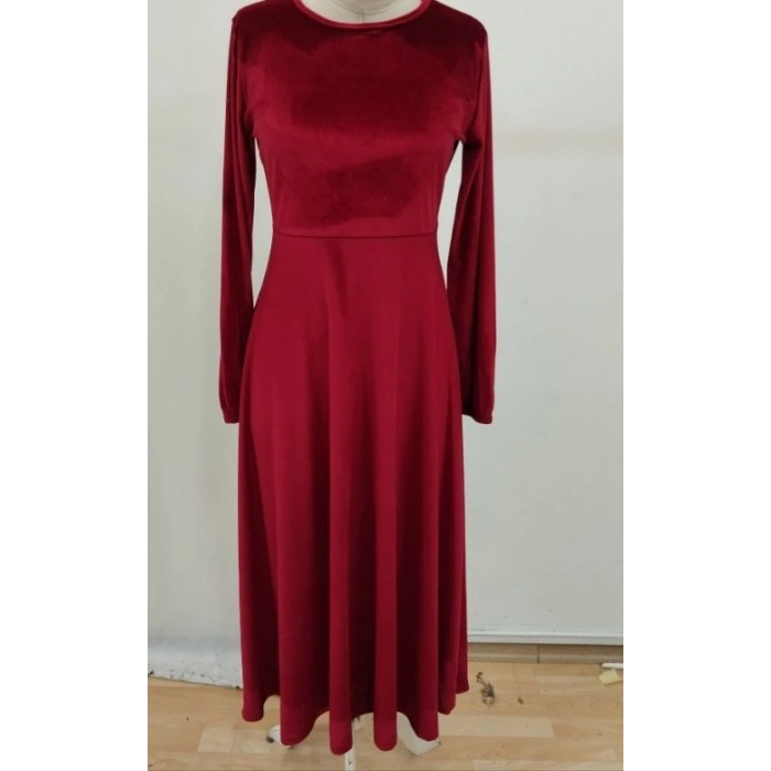 Kadın Uzun Kollu Bisiklet Yaka Midi Kadife Elbise