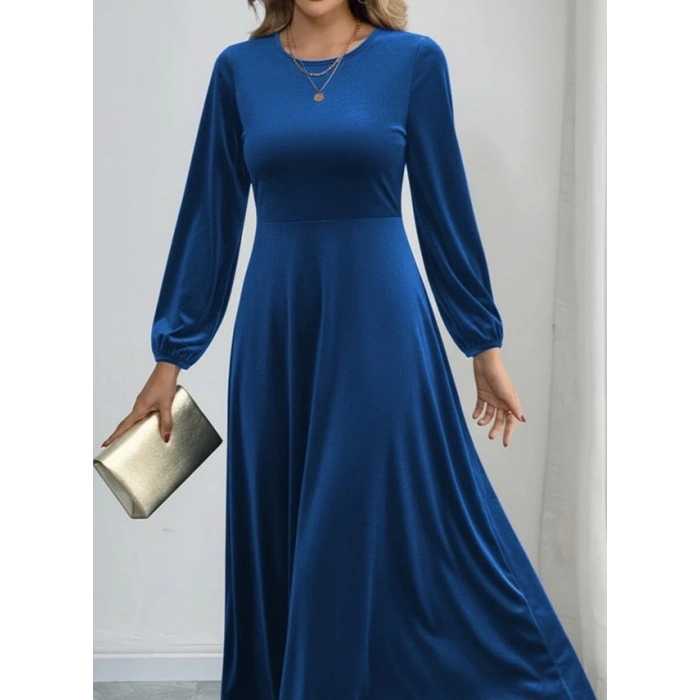 Kadın Uzun Kollu Bisiklet Yaka Midi Kadife Mavi Elbise