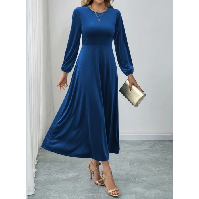 Kadın Uzun Kollu Bisiklet Yaka Midi Kadife Mavi Elbise