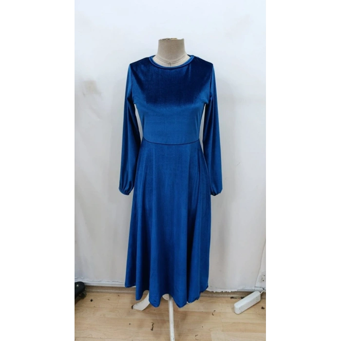 Kadın Uzun Kollu Bisiklet Yaka Midi Kadife Mavi Elbise