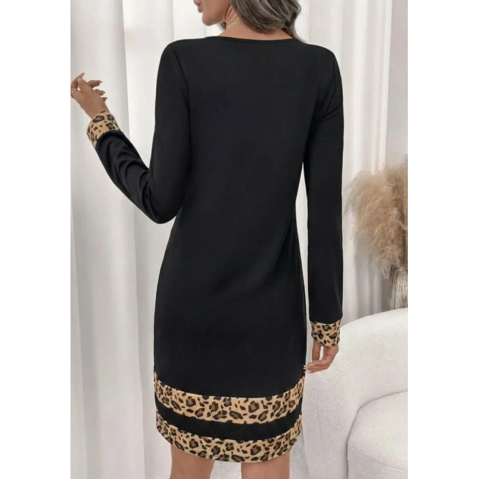 Kadın Uzun Kollu Bisiklet Yaka Mini Ithal Krep Elbise