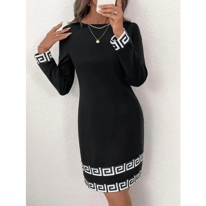 Kadın Uzun Kollu Bisiklet Yaka Mini Ithal Krep Elbise