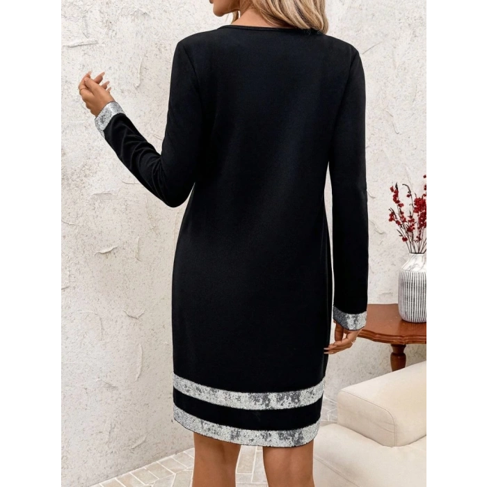 Kadın Uzun Kollu Bisiklet Yaka Mini Ithal Krep Elbise