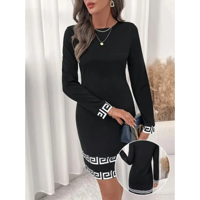 Kadın Uzun Kollu Bisiklet Yaka Mini Ithal Krep Elbise