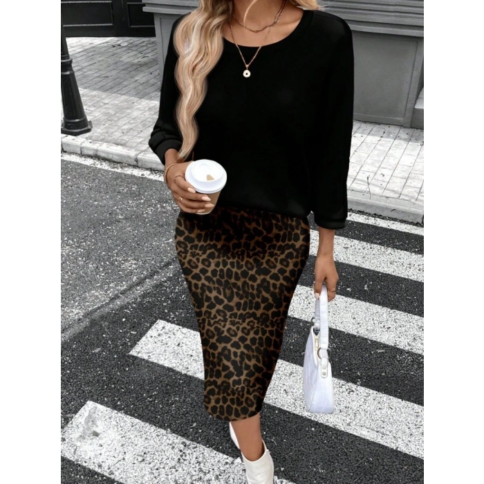 Kadın Uzun Kollu Bisiklet Yaka Modal Bluz Ve Leopar Desenli Etek Ikili Takım
