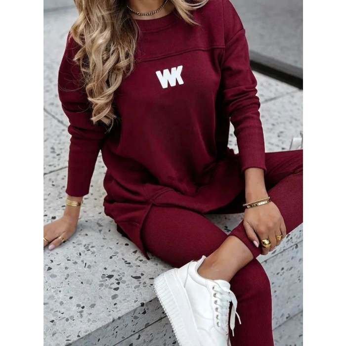 Kadın Uzun Kollu Bisiklet Yaka Nervurlu Viskon Iki Iplik Ve Tayt Pantolon Ikili Takım